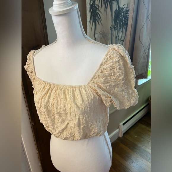 Zara Cotton Blend Gauzy Textured Square Neck Puff Sleeves Crop Top Cream L - Picture 5 of 17